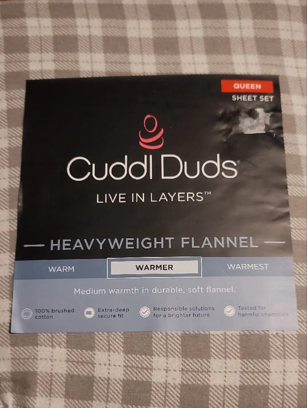 Cuddl Duds Gray Plaid Heavyweight Flannel Sheet Set - Queen